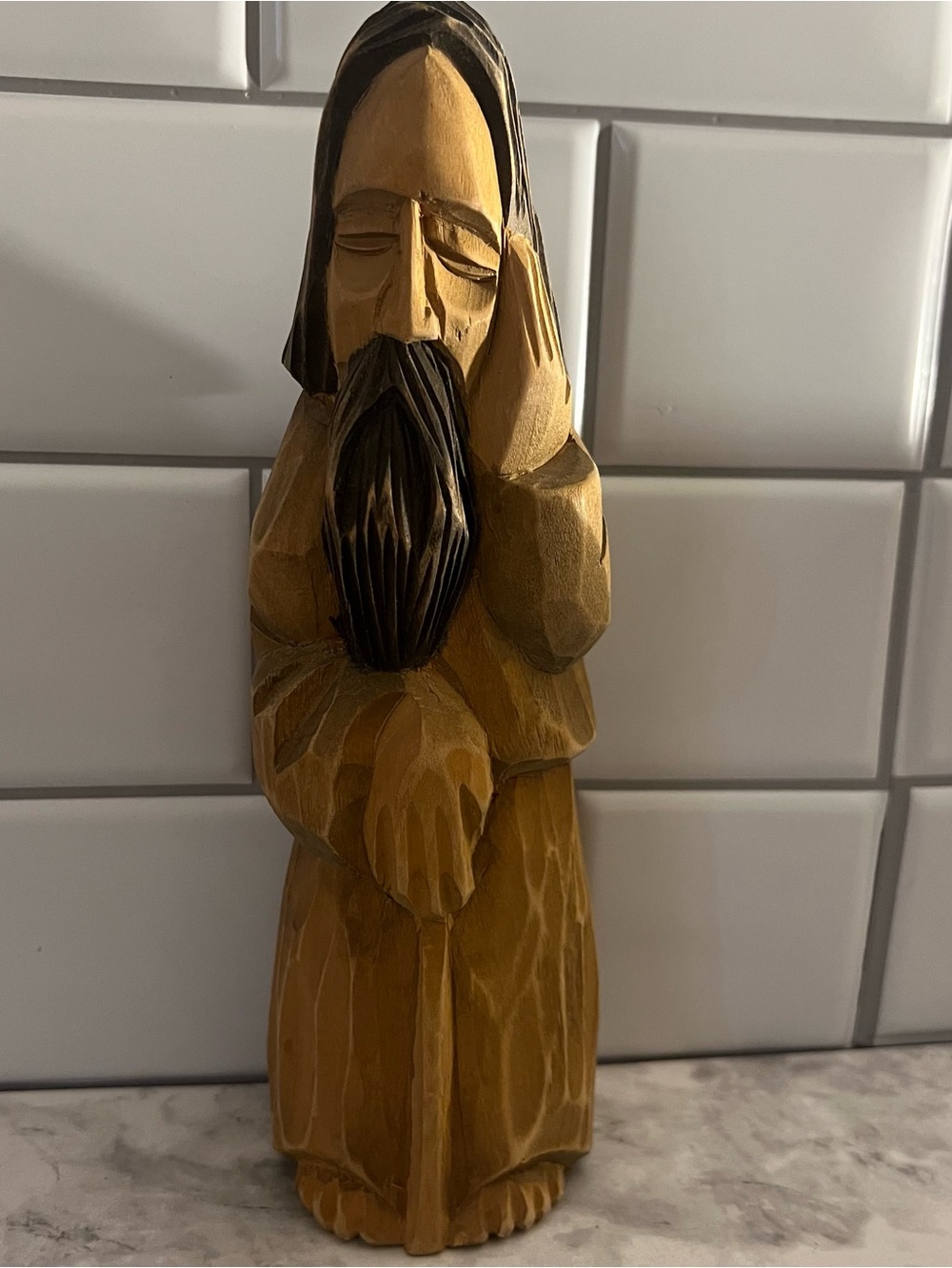 Hand-Carved Wooden Monk Statue in Natural Brown